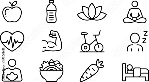 Black line of healthy lifestyle symbols including food exercise and rest apple bottle
