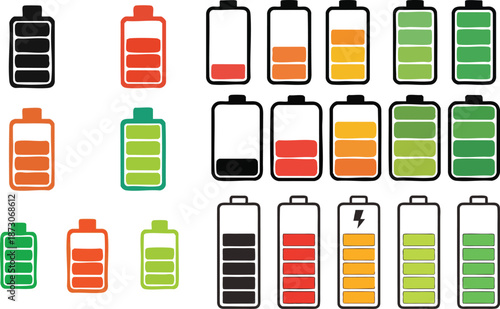 Set of vertical battery charge level indicators in percentage vector. Battery indicator symbols. 0-100 percent.