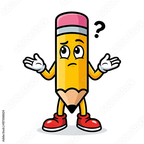 Confused Pencil Character Shrugging with Question Mark Above Head