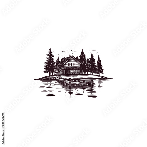Vintage hand drawn engraving of a serene wooden house by a calm lake with a wooden pier and pine trees.