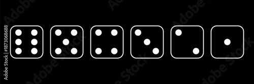 Diceline icons. Traditional die with six faces of cube marked with different numbers of dots or pips from 1 to 6. Vector illustration isolated on white background