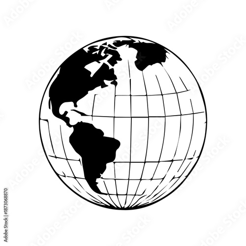 Black vector globe icon showing the world map with continents, 