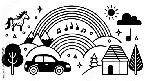 Whimsical countryside scene with rainbow and musical notes Vector