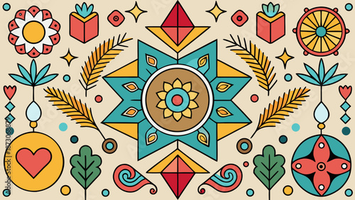 Vibrant geometric patterns and floral designs Vector