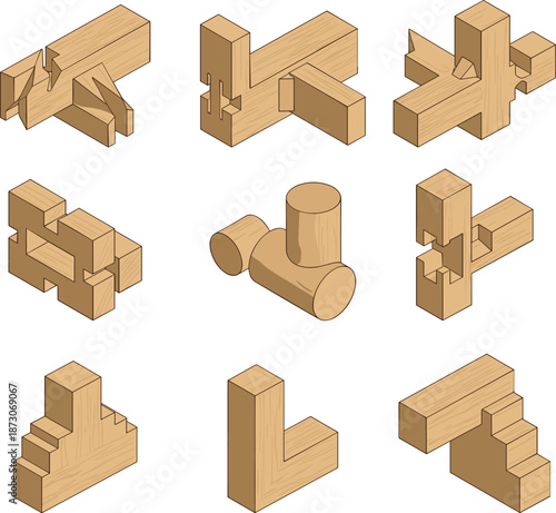 Wood joint vector set, carpentry connections, dovetail and interlock designs, 3D woodworking illustration, furniture construction, joinery techniques