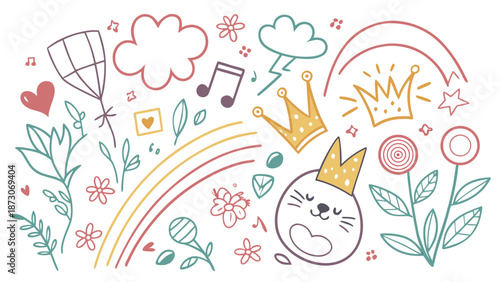 Whimsical illustration of a crowned cat surrounded by nature and celebration elements Vector