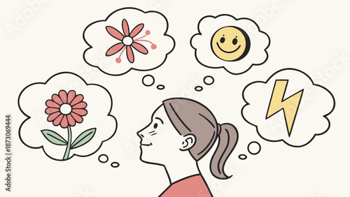 Thoughtful woman with various imaginations Vector