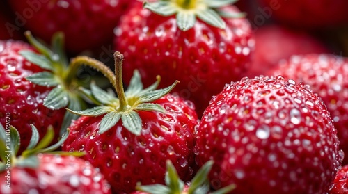Macro close-up of fresh juicy strawberries covered in dew
