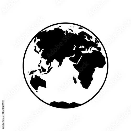 A simple black globe world map icon representing global geography and continents