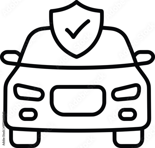Car insurance and vehicle safety icon featuring a front view automobile with a protective shield and checkmark for secure protection