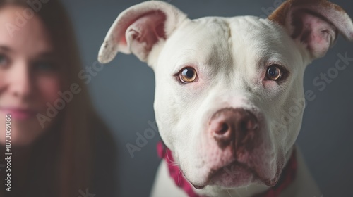 Rescue dog close-up on plain wall with blurred adopter