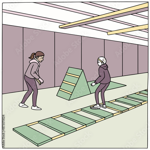 Flat vector illustration of tunnels, low jumps, and balance beams designed to build confidence and agility in pets.