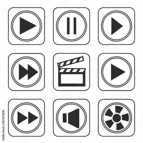 Flat vector illustration of various action icons representing common commands and interactions in digital interfaces.