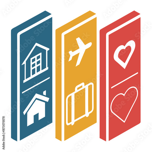 Flat vector illustration of icons designed with a three-dimensional appearance for use in digital interfaces and graphic design.