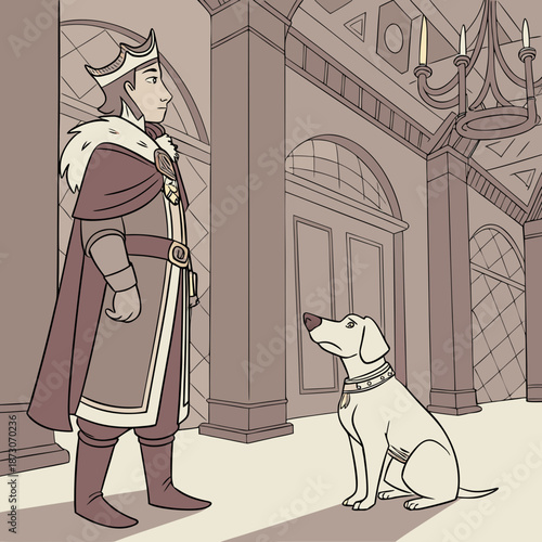 Flat vector illustration showing dogs depicted in medieval European artwork, highlighting their presence in historical artistic scenes.