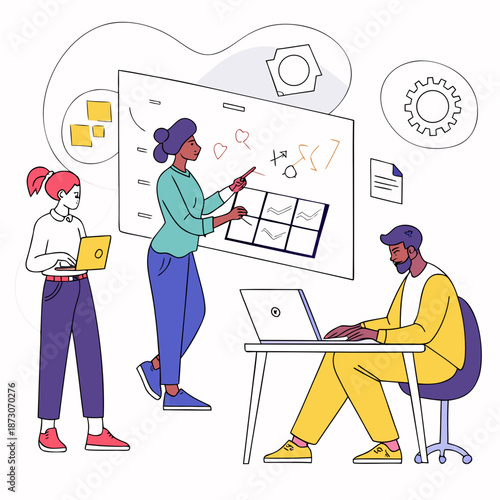 Flat vector illustration showing developers, motion designers, and game designers collaborating on digital projects in a creative workspace.