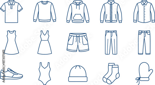 Clothing and apparel icons set featuring fashion garments casual wear formal outfits seasonal accessories retail shopping laundry textile and wardrobe elements