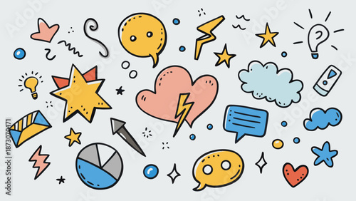 Colorful doodle illustrations featuring hearts, stars, and speech bubbles Vector