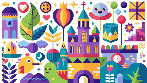 Whimsical fantasy land with colorful castle and playful characters Vector
