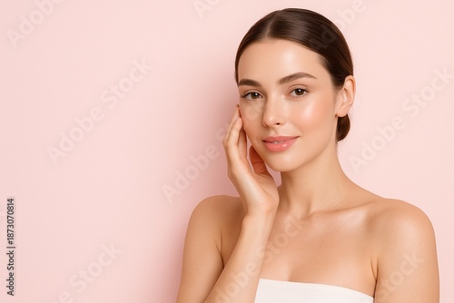 Beautiful woman smiling and touching her cheek. Female model with clear, smooth skin runs fingers over cheek. Gentle skincare. Banner with copy space to advertise cosmetics, beauty treatments or SPA