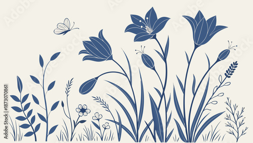 Elegant Bluebell Flower Illustration with Butterfly and Botanical Elements.