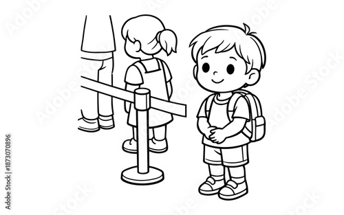 Cute cartoon children with backpacks waiting in line for an attraction