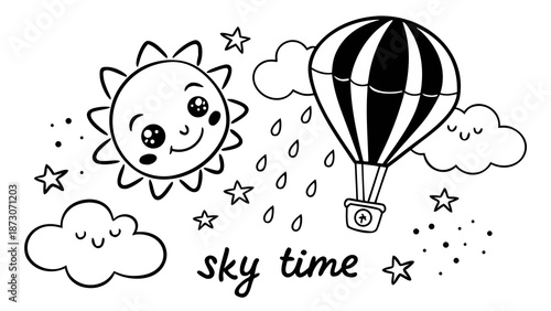 Whimsical sky time with smiling sun and hot air balloon Vector
