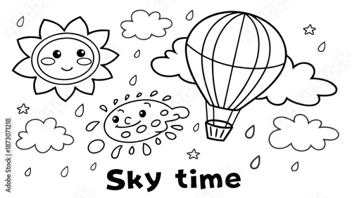 Whimsical sky time with smiling sun and hot air balloon Vector