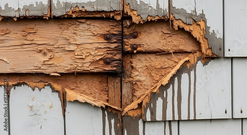 Weathered wood siding shows decay and peeling paint revealing damaged structure.