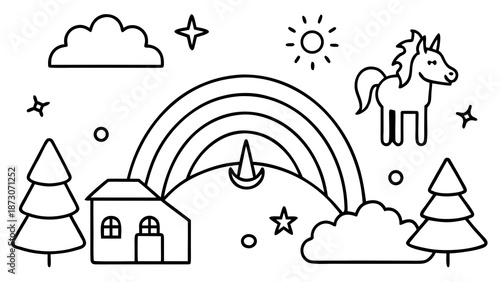 Whimsical rainbow scene with unicorn and forest Vector