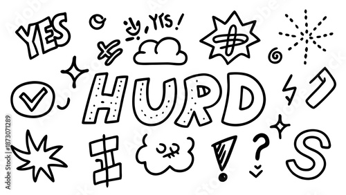 Expressive doodle artwork featuring the word 'hurd' with various symbols and emotions Vector