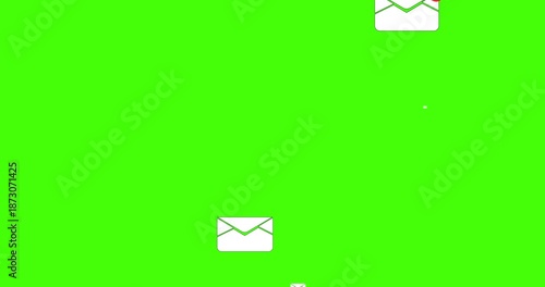 animation features multiple email envelope icons, some with red notification badges, appearing and accumulating across a bright green screen. It visually represents the constant influx of digital comm
