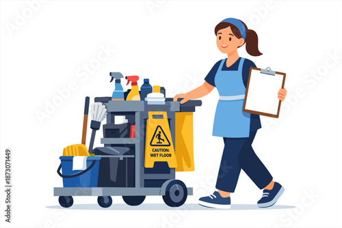Female hispanic adult janitor pushing cleaning cart with supplies