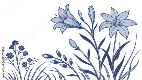 Elegant Floral Illustration with Lilies and Small Flowers.