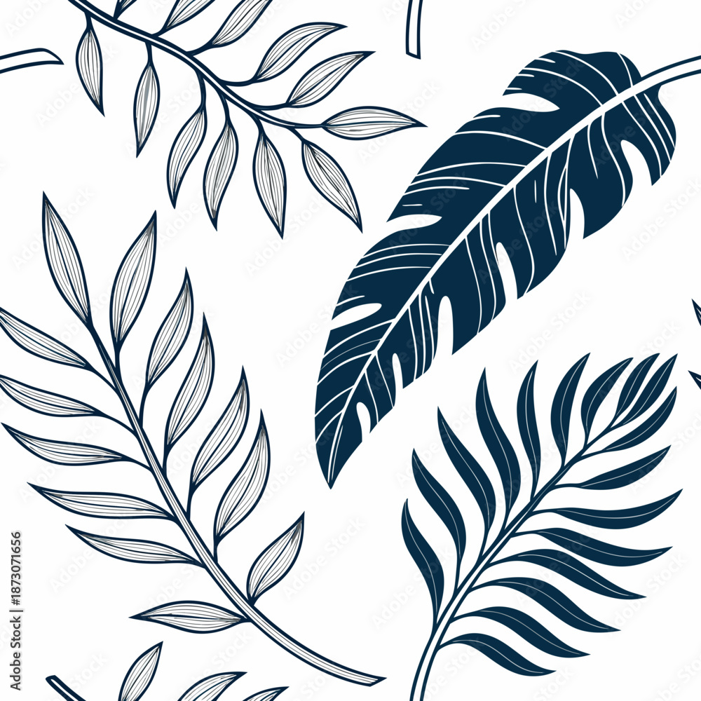 Obraz premium Elegant Tropical Leaves Pattern on White Background.