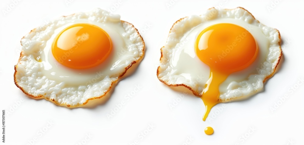 Fototapeta premium Two fried eggs isolated on white background. One runny yolk oozes. Tasty food, healthy breakfast, delicious meal, close up view of freshness, diet ingredient. Protein source for fit nutrition.