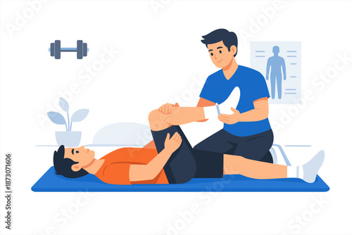 Asian male physiotherapist assisting young male with leg exercise in clinic setting