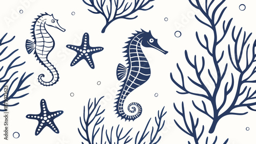 Elegant Seahorse and Starfish Pattern Nautical Ocean Life Design.