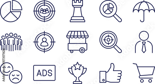 Business marketing icons set featuring target audience strategy data analysis customer service insurance retail commerce advertising success feedback and social media