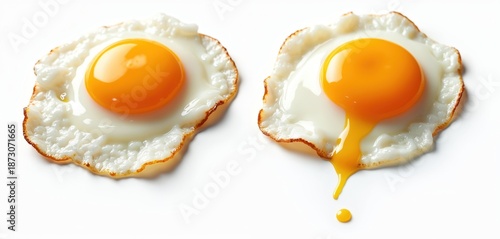Two fried eggs isolated on white background. One runny yolk oozes. Tasty food, healthy breakfast, delicious meal, close up view of freshness, diet ingredient. Protein source for fit nutrition. © Vadym