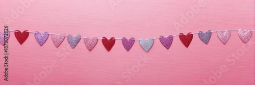 Valentines Day Garland With Colorful Hearts Hanging on a Pink Background for Celebration