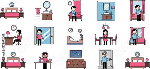 Home interior lifestyle illustration, daily activities people set, modern rooms scenes, flat vector design, family routine concept