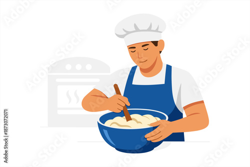 Male baker mixing dough in blue bowl wearing chef hat