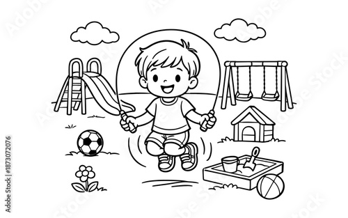 Happy cartoon boy jumping rope on a playground with swings and slide
