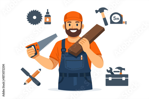 Smiling male carpenter in overalls holding wood and saw with tools icons around him