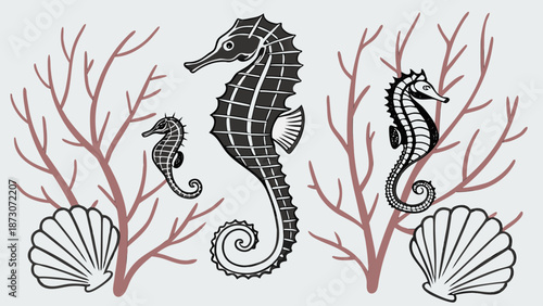 Seahorse Family Amidst Coral and Seashells Marine Life Illustration.