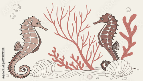 Seahorse Illustration with Coral and Shells in Ocean Scene.