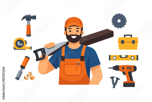 Smiling male carpenter with tools and safety equipment