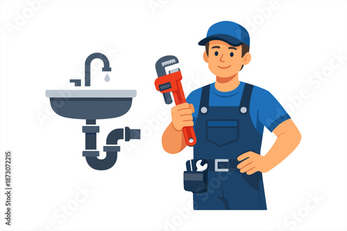 Cartoon male plumber with tools fixing sink pipes in uniform