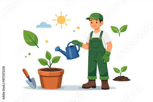 Young male gardener watering plants outdoors with sun and leaves